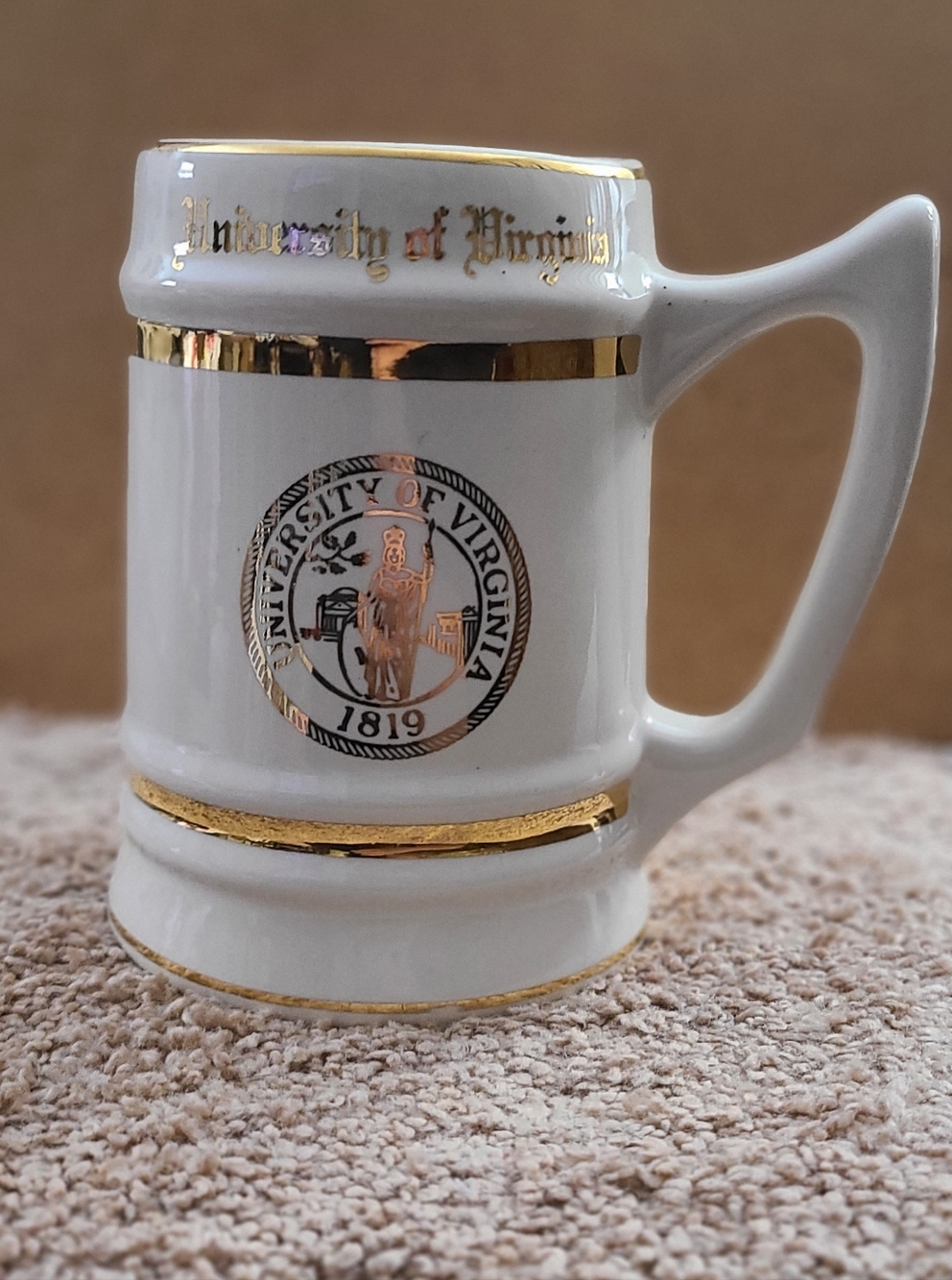 Vintage University of Virginia White and Gold Ceramic Beer Stein